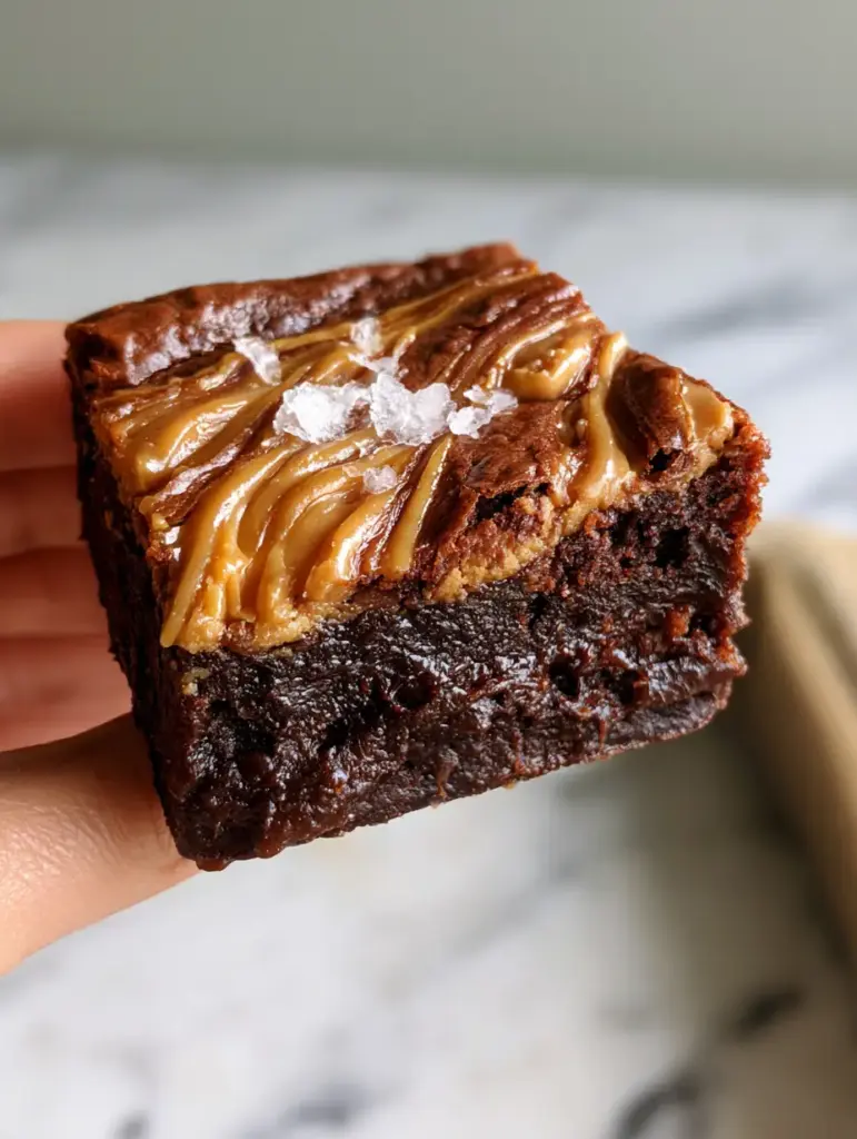 Top down view of a batch of peanut butter brownies showing the deep peanut butter swirls and shiny crackly chocolate crust.
