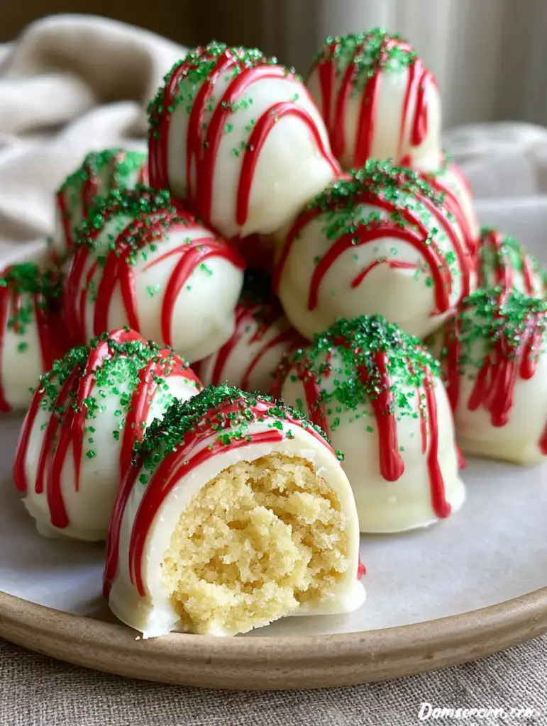 Close up of Little Debbie Christmas Tree Cake Truffles showing the sparkling green sanding sugar and red drizzle.