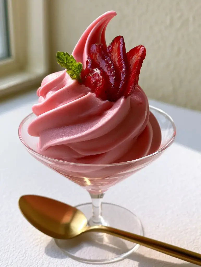 Overhead view of Strawberry Dole Whip garnished with fanned strawberries and a tiny mint leaf in soft morning sunlight.