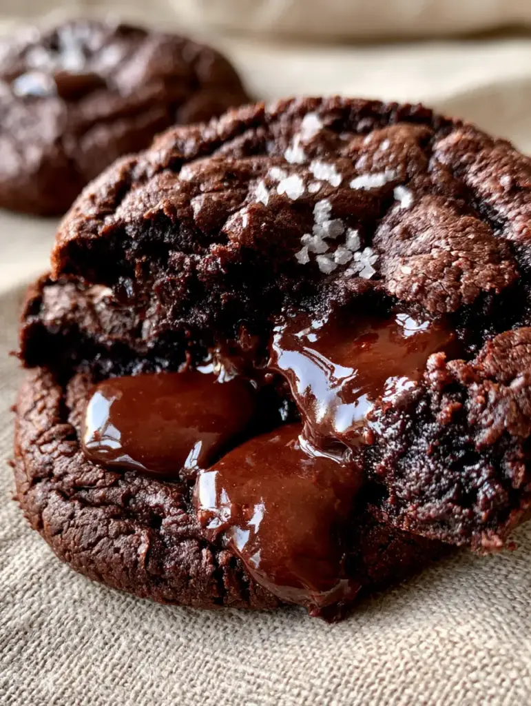 triple chocolate cookies: The Ultimate Fudgy Sea Salt Recipe 1 A close-up of the crinkled top crust of a triple chocolate cookie with glistening liquid dark chocolate pools.
