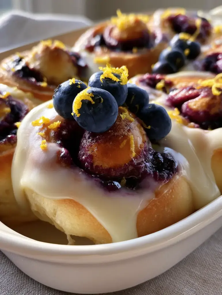 Blueberry Cinnamon Rolls with Thick Lemon Cream Cheese Glaze 2 High-angle shot of golden-brown blueberry cinnamon rolls showing airy dough and purple jam swirls.