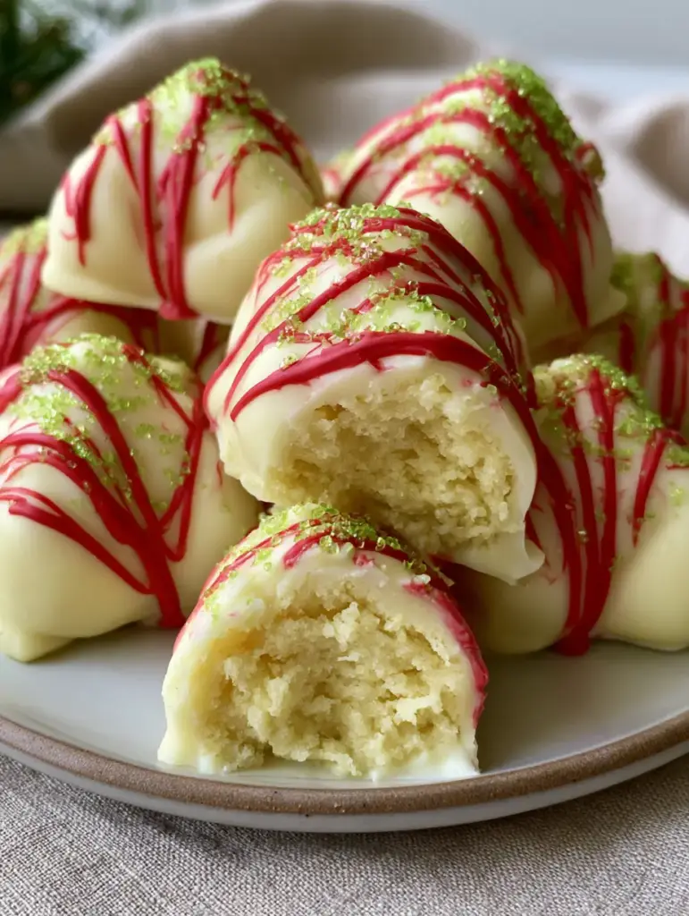 A Little Debbie Christmas Tree Cake Truffle sliced open to reveal the moist yellow cake-pop filling.