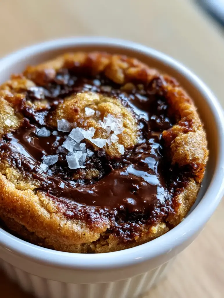 Single Serve Chocolate Chip Cookie: The Ultimate Molten Ramekin Recipe 1 Side view of a thick single serve chocolate chip cookie in a white ramekin highlighting caramelized edges.