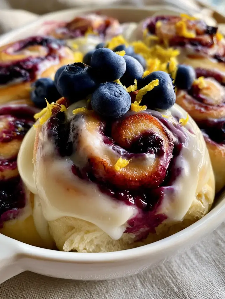 Blueberry Cinnamon Rolls with Thick Lemon Cream Cheese Glaze 1 A single blueberry cinnamon roll being lifted from the pan, showing thick white lemon cream cheese glaze dripping down.