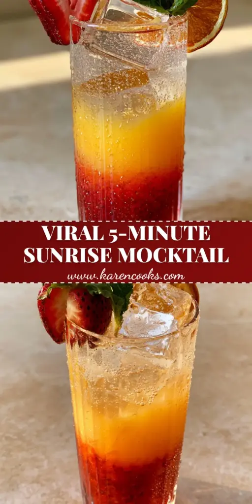 Strawberry Sunrise Mocktail: The Ultimate Layered Summer Refreshment 4 A tall ribbed glass featuring a layered Strawberry Sunrise Mocktail with crimson puree, orange juice, and sparkling water garnished with mint and orange.