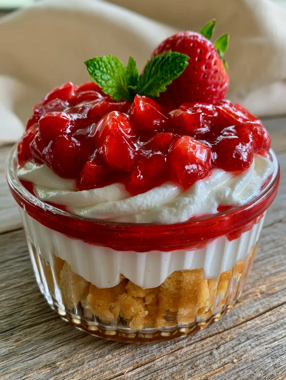 An eye-level view of a wide-mouthed ribbed glass cup showing shortbread crumbles and pillowy cream. (strawberry shortcake recipe)