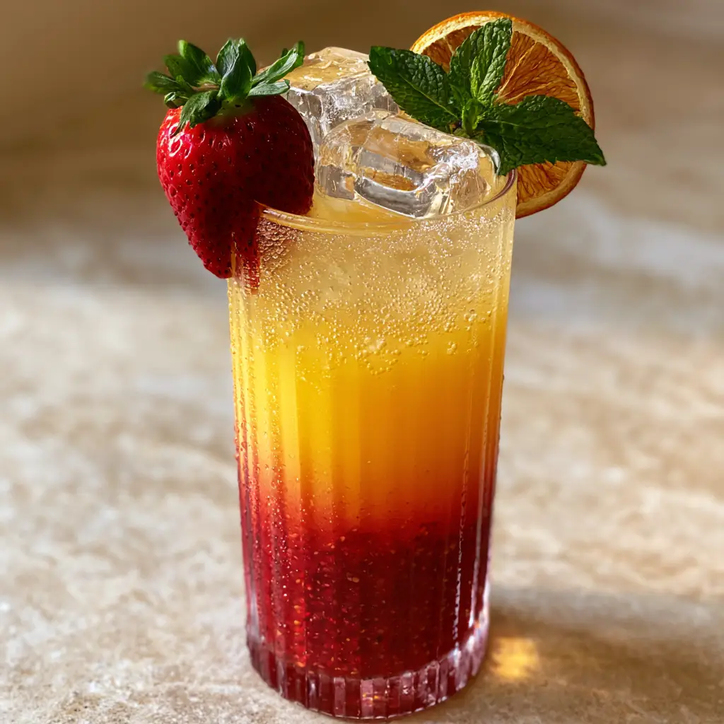 Strawberry Sunrise Mocktail: The Ultimate Layered Summer Refreshment 1 Close up of the garnish on a Strawberry Sunrise Mocktail featuring dehydrated orange, fresh mint, and a sliced strawberry.
