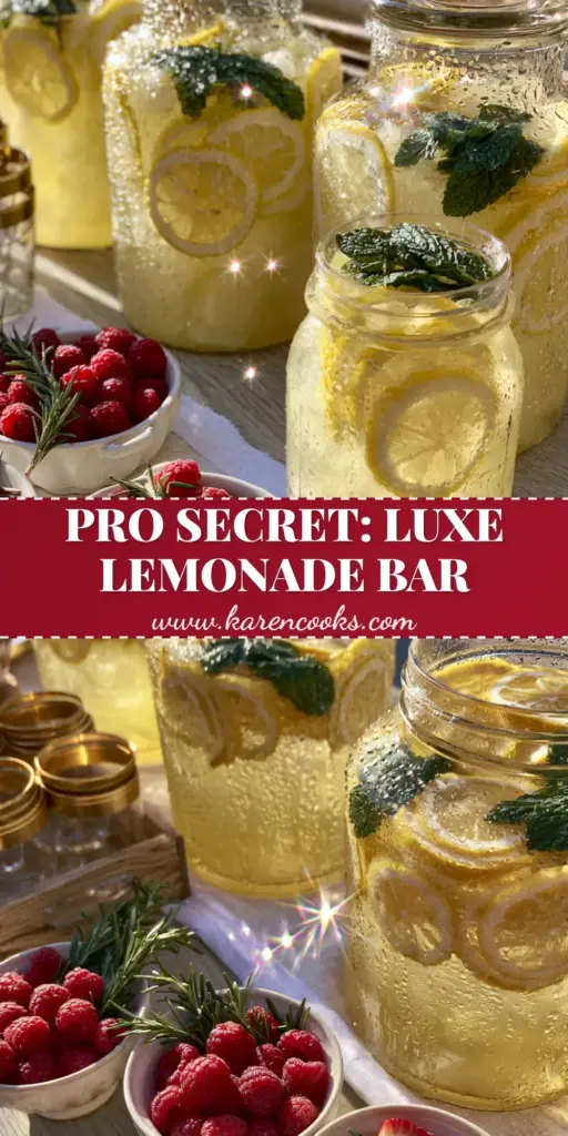 A luxury lemonade bar featuring glass dispensers with lemon rounds and mint, alongside gold-rimmed glasses and bowls of berries on an oak table.