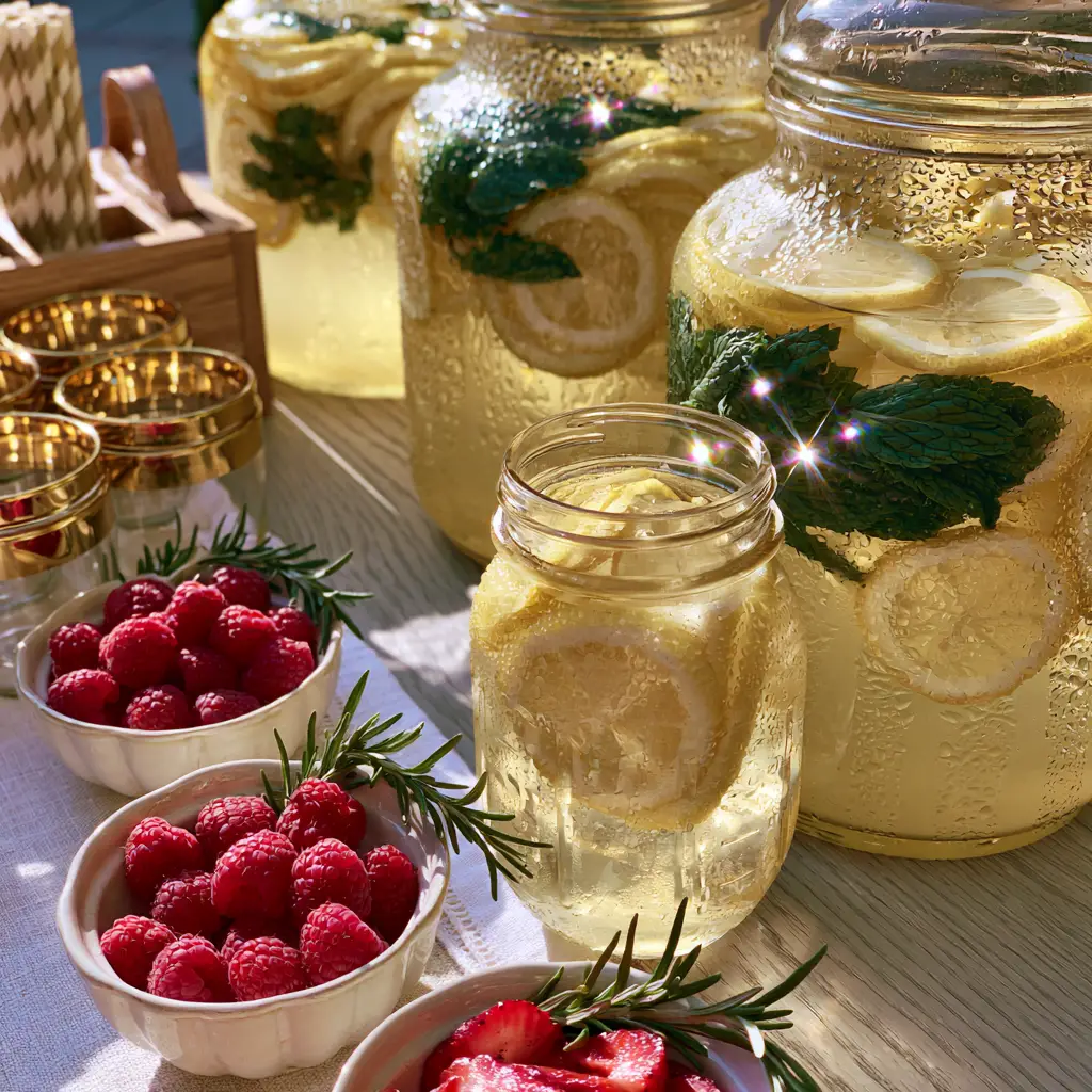 Close-up of fresh raspberries, strawberries, and rosemary in white bowls at a lemonade bar.