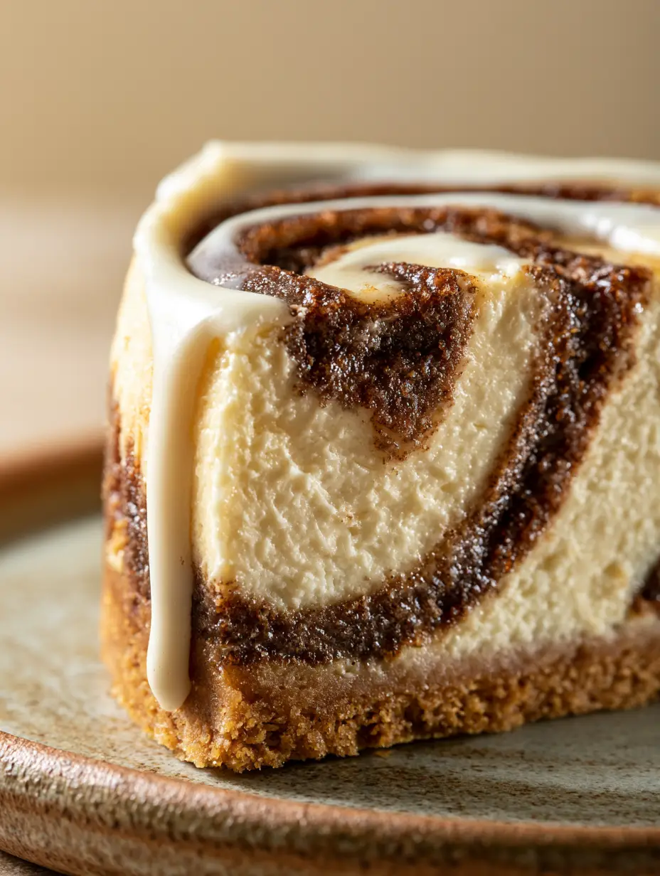 Cinnamon Roll Cheesecake with a Thick Brown Sugar Swirl and Cream Cheese Glaze 3 Extreme macro shot of cinnamon roll cheesecake showing the creamy texture and dark brown cinnamon swirls. (cinnamon roll cheesecake)