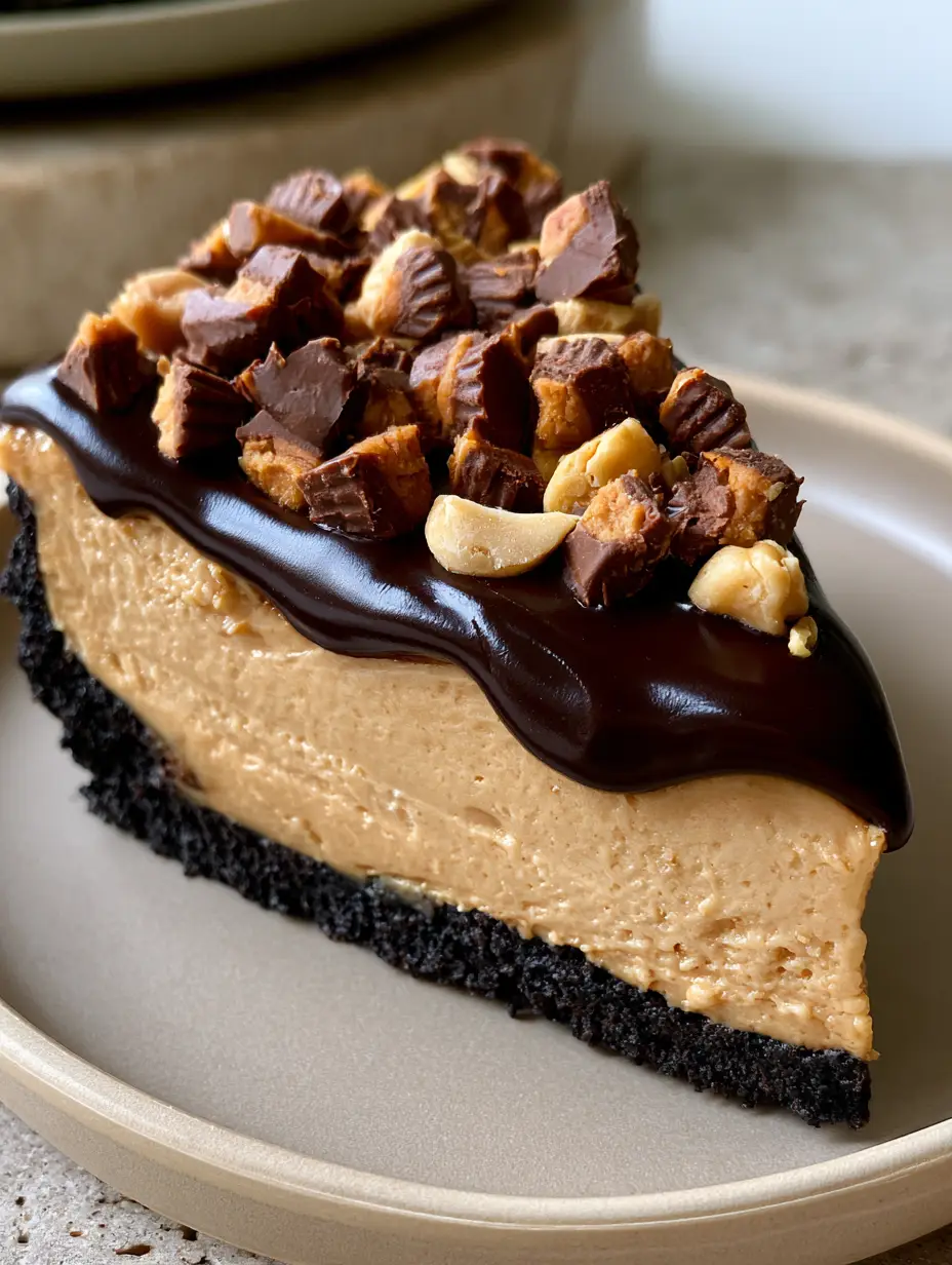 Handheld photo of a slice of reese's peanut butter cup pie showing the dark Oreo crust and silky filling.