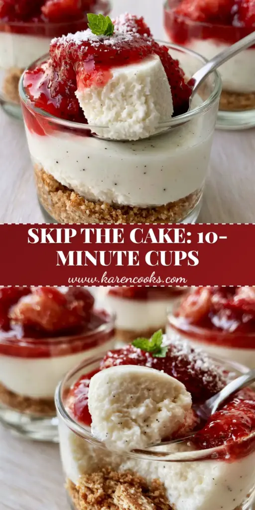 Dessert Cup Recipes: Elegant No-Bake Strawberry Vanilla Bean Parfaits 4 A handheld smartphone photo of three elegant glass dessert cup recipes featuring strawberry and vanilla bean layers on a light wood background.