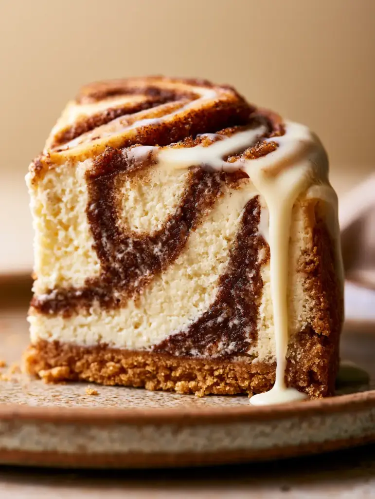 Cinnamon Roll Cheesecake with a Thick Brown Sugar Swirl and Cream Cheese Glaze 1 Side view of a cheesecake slice with white icing glaze dripping down the edge against a neutral background. (cinnamon roll cheesecake)