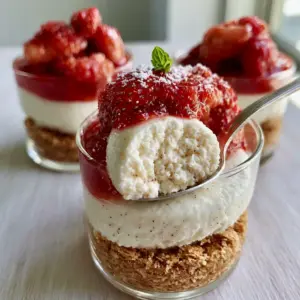 Close up of layered dessert cup recipes with a silver spoon scooping through velvety white mousse and glossy red strawberry compote.