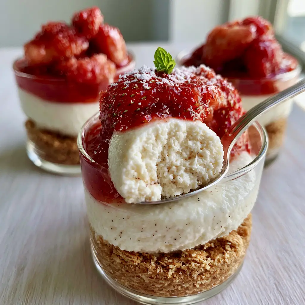 Dessert Cup Recipes: Elegant No-Bake Strawberry Vanilla Bean Parfaits 2 Close up of layered dessert cup recipes with a silver spoon scooping through velvety white mousse and glossy red strawberry compote.
