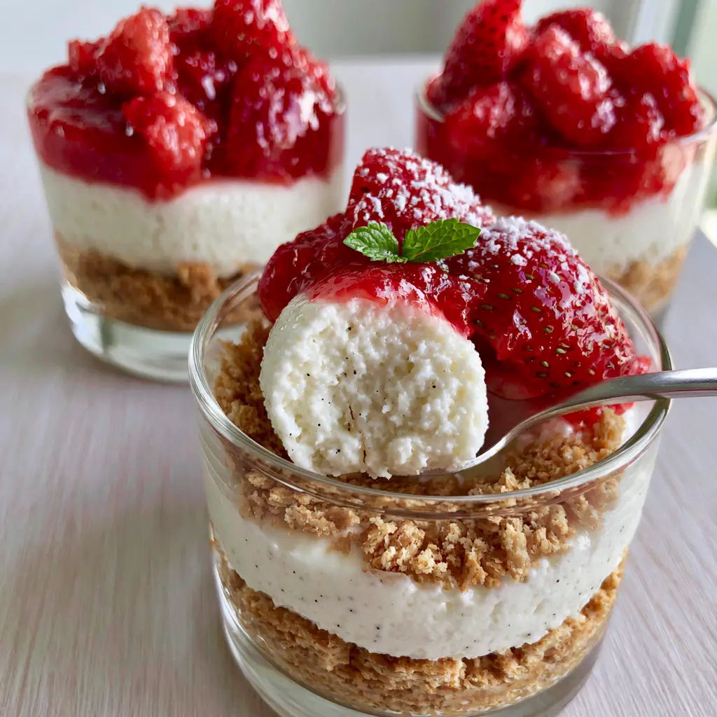 Dessert Cup Recipes: Elegant No-Bake Strawberry Vanilla Bean Parfaits 1 Three glass dessert cup recipes arranged on a light wood table, showing the thick graham cracker base and vanilla specks.