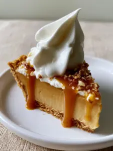 Close up shot of the velvety firm butterscotch filling and glossy amber sauce drip on a butterscotch cream pie.