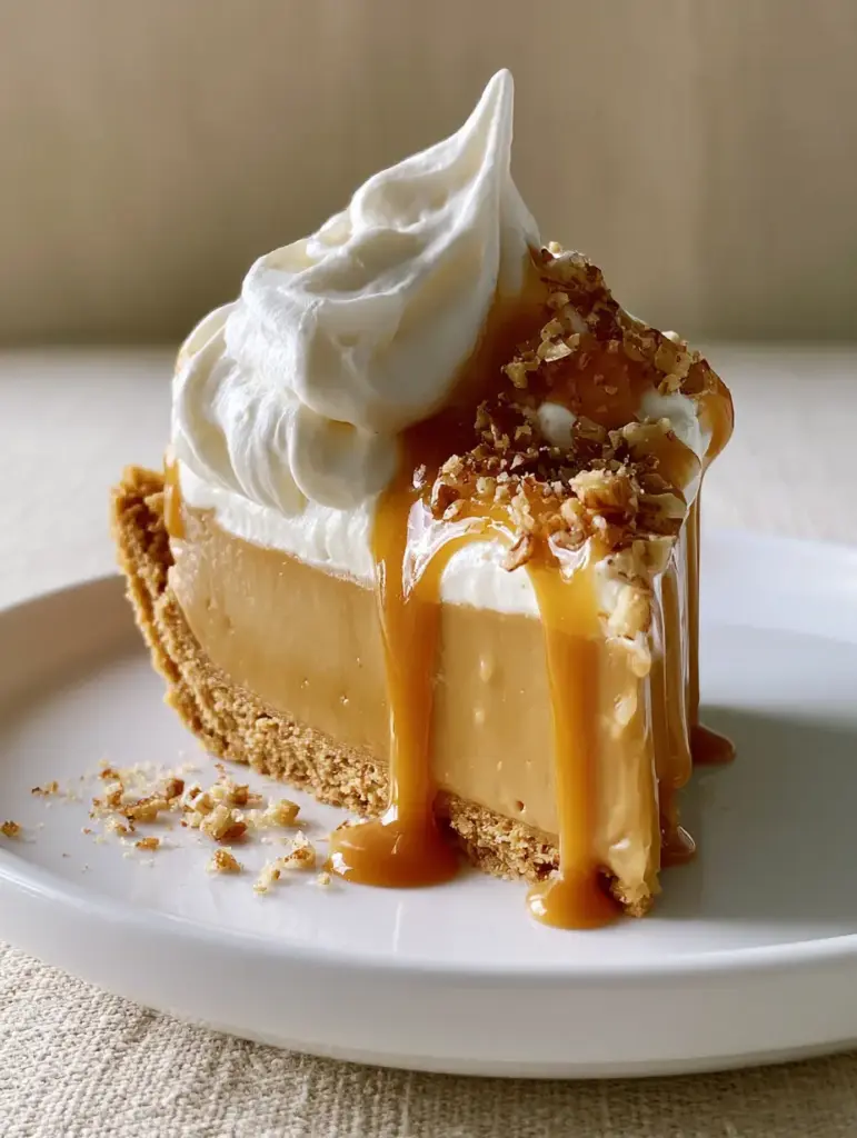 Butterscotch Cream Pie: The Ultimate Guide to a Firm and Velvety Masterpiece 1 A slice of butterscotch cream pie on a white plate with toasted pecans and high mounds of whipped cream.
