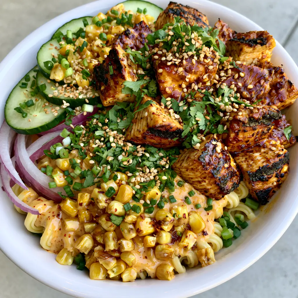 A bright, handheld shot of a street corn bowl with cucumber and sesame seeds.