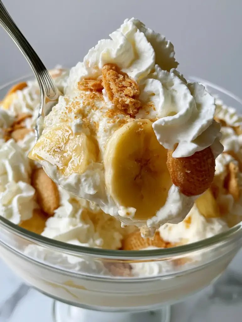 Close-up of the integrated banana slices and golden-brown vanilla wafers in a creamy pudding base.