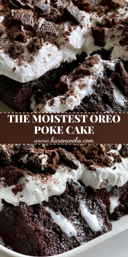 A close-up of a slice of Oreo Poke Cake being lifted, showing vertical tunnels of white cream soak inside a dark chocolate sponge, topped with jagged cookie chunks.