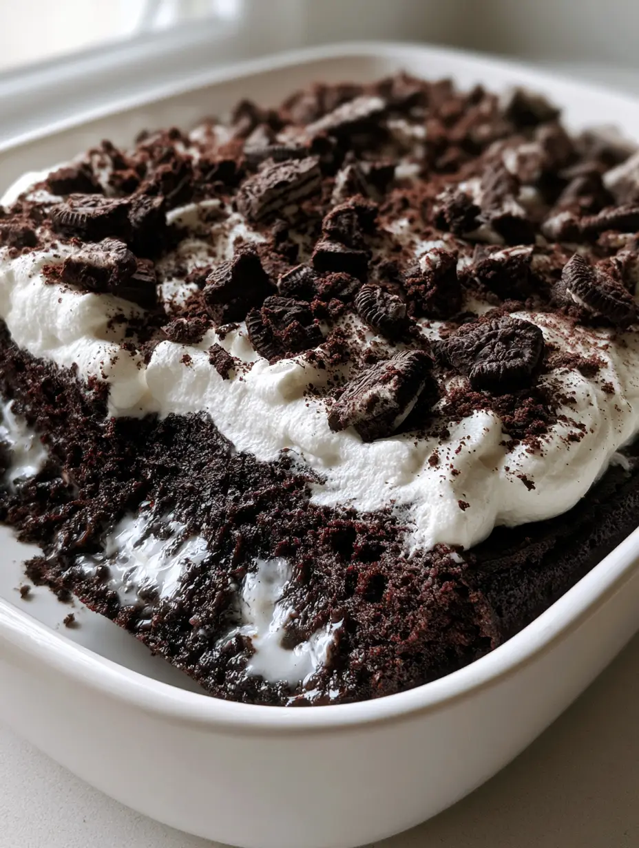 A high-angle smartphone photo of an Oreo Poke Cake in a matte white ceramic dish, covered in whipped cream and jagged cookie pieces under natural morning light.