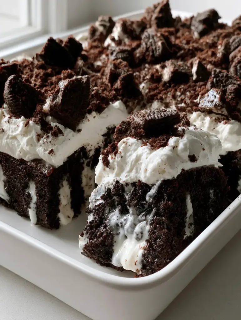 Detailed shot of the airy cloud whipped cream topping on an Oreo Poke Cake, featuring fine cookie dust and large jagged chocolate cookie chunks.
