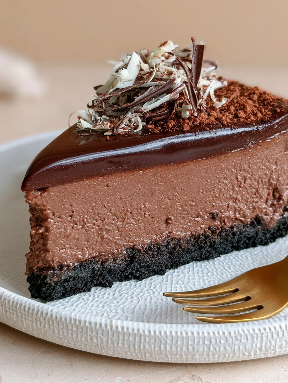 A handheld smartphone photo of a Triple Chocolate Cheesecake slice with white and dark chocolate shavings and a gold fork on the side.