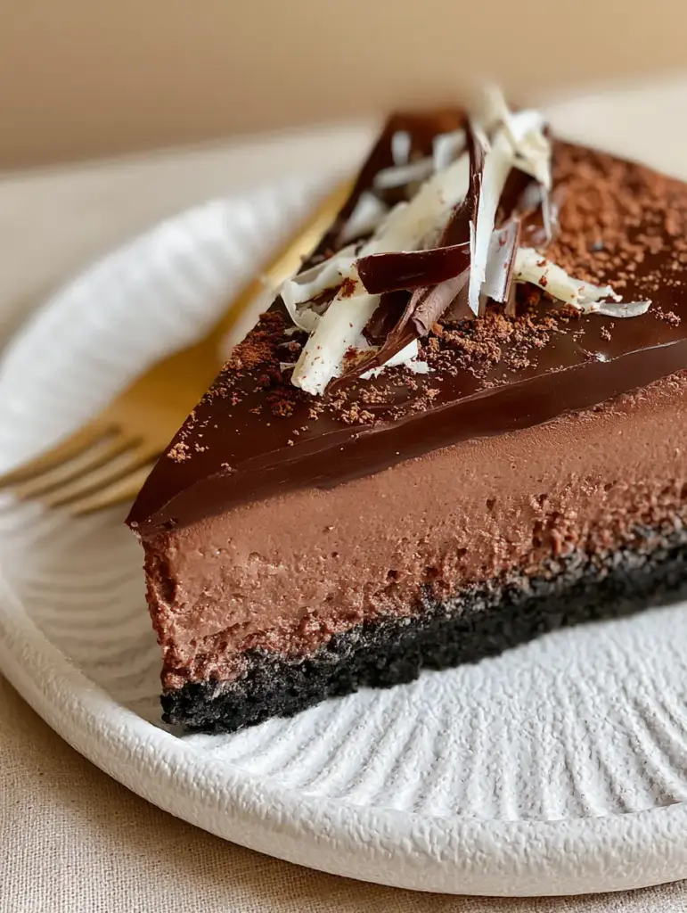 Overhead view of a Triple Chocolate Cheesecake showing the glossy ganache top and delicate chocolate curls with cocoa dusting.