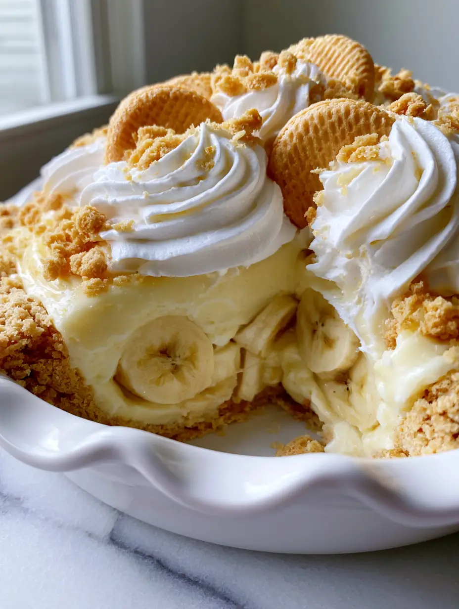 Banana Pudding Pie with a Golden Chessmen Cookie Crust 4 Overhead smartphone photo of a Banana Pudding Pie with whipped cream swirls and golden Chessmen crust.